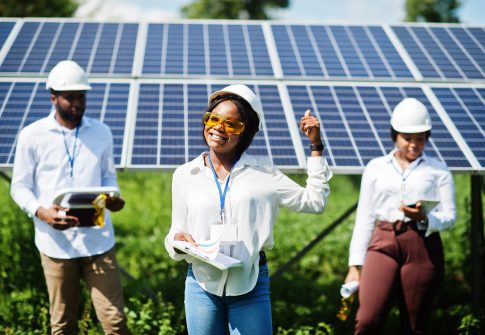 African american technician checks the maintenance of the solar